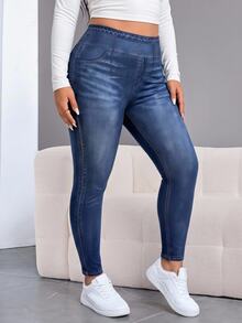 SHEIN CURVE+ بنطلون كاجوال مقاس كبير بجيوب وأزرار وتصميم ممزق بقصة ضيقة للارتداء اليومي، خريف وشتاء 2026 22W - الأزرق - مشاهدة 5
