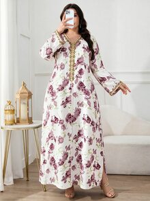 Al Najma Gaun Arab Motif Bunga Penuh untuk Wanita Ukuran Besar - MultiWarna - View 3