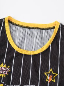 LOONEY TUNES X SHEIN Women's Cartoon Print Striped Colorblock Dress - Black - View 4