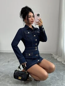 Elenzga Women's Collared Casual Daily Summer Denim Dress - Dark Wash - View 6