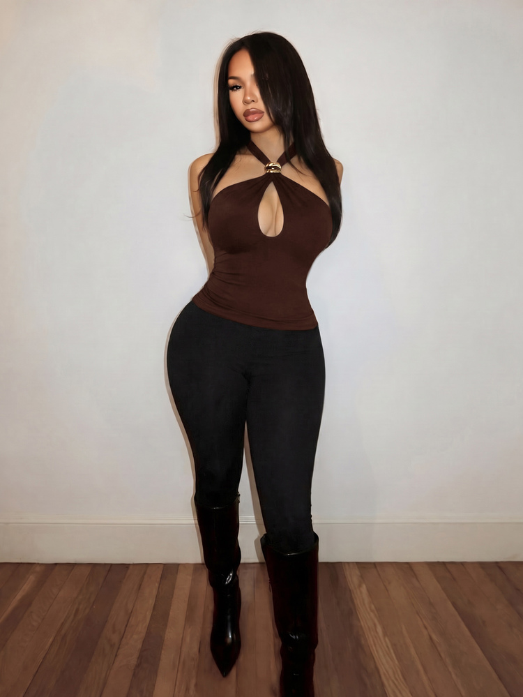 Slaydiva New Spring/Summer Spaghetti Strap Hollow Metal Decor Camisole Top-E - Brown - View 5