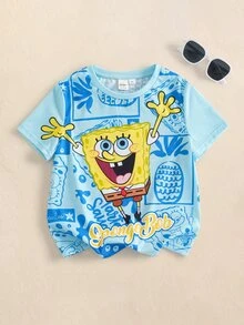 SpongeBob SquarePants | SHEIN Kaos Lengan Pendek Leher Bulat dengan Gambar Kartun Anak Laki-Laki - MultiWarna - View 1