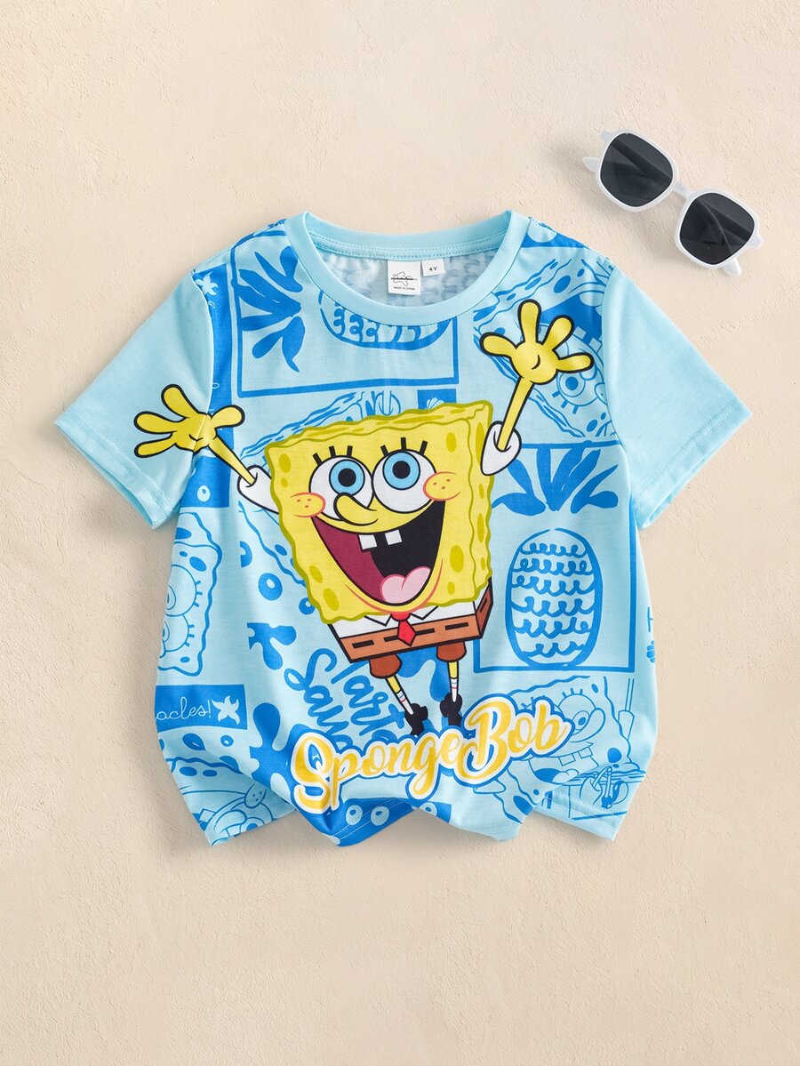 SpongeBob SquarePants | SHEIN Kaos Lengan Pendek Leher Bulat dengan Gambar Kartun Anak Laki-Laki - MultiWarna - View 1