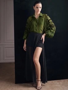 Aveloria Modichic Summer Runway Black & White Contrast Tiger Zebra Animal Print Positioned Chiffon Loose Slightly Sheer Collared Pleated Design Women Long Sleeve Blouse Elegant Sophisticated Modern Sexy Old Money Quiet Luxury Vacation Casual Versatile - Olive Green - View 8