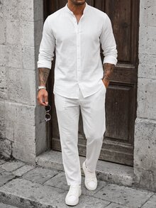 Manfinity CasualCool 中式白色泡泡紋理男士兩件套，立領長袖抽繩襯衫搭配直筒長褲，休閒度假風格穿搭 - 白色 - 查看 3