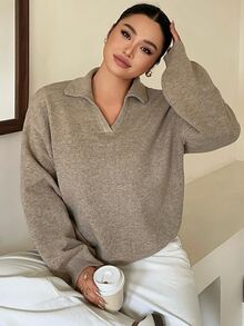 Dazy Plus Plus-Size Loose-Fitting Autumn And Winter Long-Sleeved Pullover Sweater For Commuting - Khaki - View 5