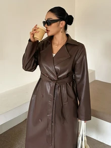 Dazy Plus PU Leather Loose Blogger Casual Streetwear Long Coat, Autumn/Winter - Brown - View 3
