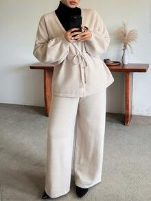 Dazy Plus Setelan Dua Potong Atasan Asimetris Warna Polos dengan Ikatan Depan & Celana Panjang Kasual untuk Kerja di Kantor, Musim Gugur/Musim Dingin, Model Sweater Baru - Khaki - View 3