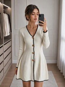 Easowa Women's Metal Decor Shell Embroidery Long Sleeve Sweater Dress - White - View 1