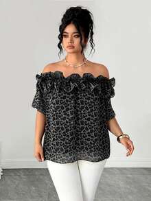 Elenzga Elegant Lady Commute Leopard Print Ruffle Trim Ruffle Short Sleeve Chiffon Plus Size Women Blouse Spring Summer Vacation Beach - Grey - View 3