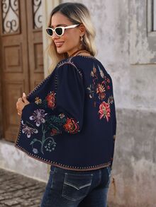 Brillora Women's Floral Pattern Casual Daily Long Sleeve Jacket - Navy Blue - View 4
