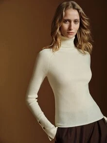 Anewsta Essential Women's Autumn/Winter Raglan Sleeve Ruched Neck Knit Top, Vertical Ribbed Elastic Slim Fit Cuff Button-Up Split Hem Long Sleeve Base Layer - Apricot - View 1