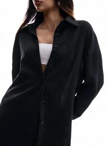 SHEIN EZwear 女款黑色單排扣長袖極簡百搭襯衫 - 黑色 - 查看 3