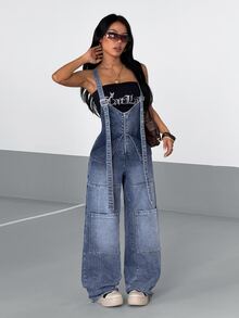 StreetHx Women's Slim High Waist Pocket Zipper Casual Denim Overalls - Blue - View 7