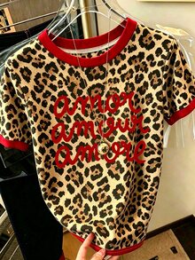 EMERY ROSE Leopard Print Color-Block Letter Print Casual Women's Crew Neck T-Shirt, Suitable For Summer - Multicolor - View 1