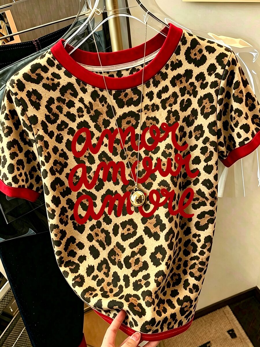EMERY ROSE Leopard Print Color-Block Letter Print Casual Women's Crew Neck T-Shirt, Suitable For Summer - Multicolor - View 1