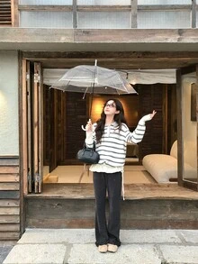 DAZY Sweater Wanita Berkerah Motif Garis Lengan Panjang Gaya Korea untuk Musim Gugur/Dingin - Light Grey - View 8
