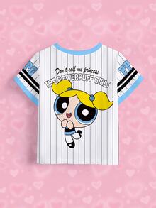 THE POWERPUFF GIRLS X SHEIN 少女款對比滾邊卡通滿版印花落肩休閒時尚短袖T恤 - 白色 - 查看 5