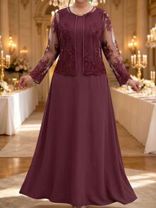 Fleurora Plus Size Women Solid Color Round Neck Wide Strap Waist-Cinching Maxi Dress With Floral Embroidered Lace Cardigan 2 Pieces Set - Purple - View 6