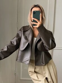 Livesso Women's Solid Color Fashion Minimalist Jacket - Brown - View 3