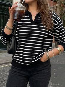 Livesso Fun Commuter Colorblock Patchwork Polo Collar Casual Short Sleeve Plus Size Women Spring Summer Knit Top - Black and White - View 6