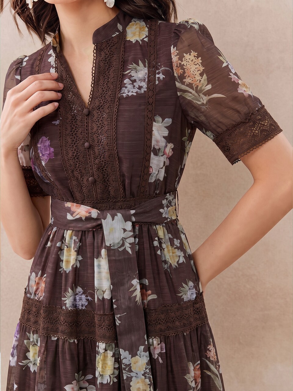 Elegant Waist-Cinching Full Skirt Colorful Spring/Summer Floral Pattern Design Heavy-Duty Patchwork Lace Trim Women's Long Dress