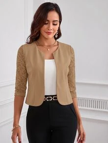 SHEIN Clasi Women Spring & Summer Elegant Lace Patchwork Short Jacket With Open Front And 3/4 Sleeves In Fall - Camel - View 7