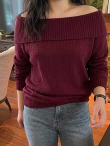 Dazy Plus Red New Year Christmas Off-Shoulder Korean Style Autumn/Winter New Pullover Sweater - Burgundy - View 5