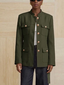 Aveloria Modichic Small Stand Collar Tweed Single-Breasted Metal Button Decor Belted Utility Jacket - Green - View 4