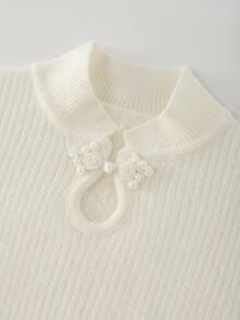 SHEIN Franclia New Chinese Style Stand Collar Frog Button Long Sleeve Sweater Set, Slim Fit Ribbed Two Pieces Set, Autumn/Winter Beige Drape Wide Leg Pants, Fashionable Gentle Sweater Two Pieces Set - White - View 7