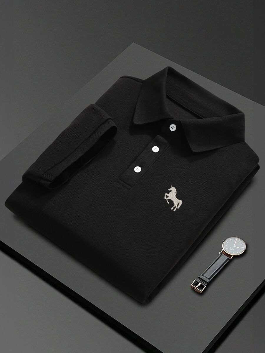 Calvornis 男士刺繡羅紋領純色紋理布料商務休閒短袖 Polo 衫,送給丈夫、男友的日常禮物,適用萬聖節、聖誕節、新年 - 黑色 - 查看 1