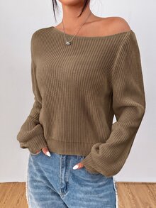 SHEIN PETITE 女款純色單肩休閒日常長袖針織衫 - 摩卡棕 - 查看 7