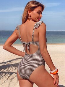Swim Chiccia Women's Summer Beach Vacation Mature Knit Fabric Popular Brown Plaid Ruffle Trim Bandeau Front Ruched Slimming One-Piece Swimsuit - Multicolor - View 2