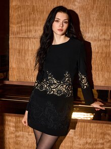 MOTF PREMIUM WOMEN'S AUTUMN/WINTER SHORT LACE EMBROIDERED PATCHWORK MINI DRESS - Black - View 8