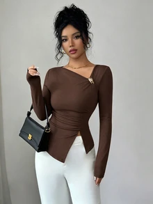 Elenzga 女款素色金屬飾件修身百搭日常休閒T恤 - 咖啡棕 - 查看 7