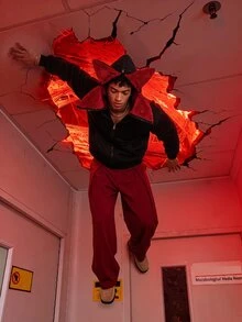 Manfinity BRENVOR 男士針織時尚日常年輕休閒寬鬆長袖連帽衫，附英文刺繡 - 黑色 - 查看 11