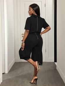 Slaydiva Women's V-Neck Drawstring Waist Short Sleeve Solid Color Denim Jumpsuit - Black - View 2