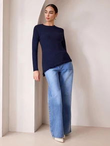 Graceveil Women's Asymmetrical Ruffle Cinched Waist Long Sleeve Sweater, Autumn/Winter - Navy Blue - View 4