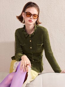 Barévion Women's Jacket Slim Waisted Peplum Tweed Texture Metal Buttons Ruffle Neck Elegant Olive Green Solid Fall Clothes For Women Christmas - Green - View 10