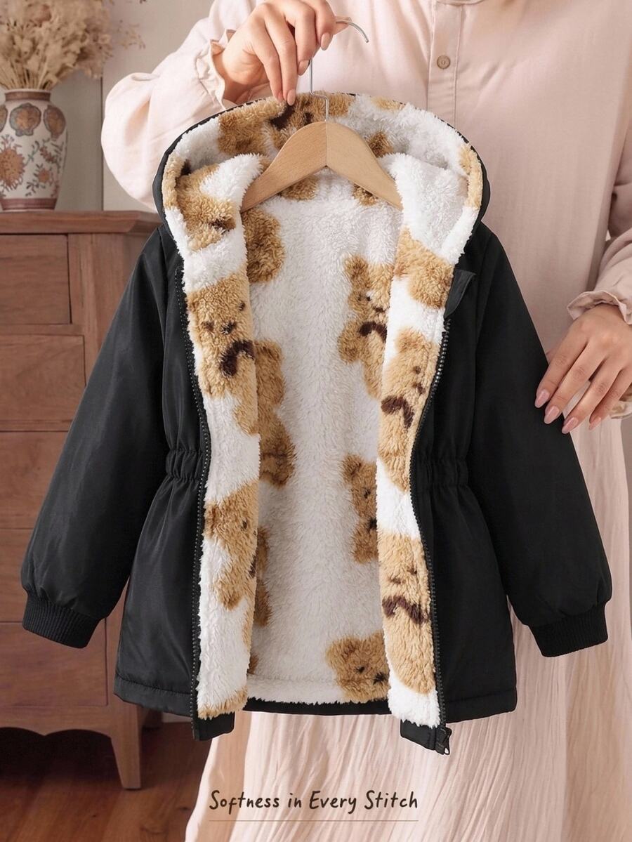 SHEIN 女嬰可愛熊圖案人造毛皮可翻面夾克外套 - 彩色 - 查看 1