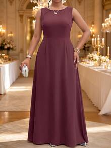 Fleurora Plus Size Women Solid Color Round Neck Wide Strap Waist-Cinching Maxi Dress With Floral Embroidered Lace Cardigan 2 Pieces Set - Purple - View 2