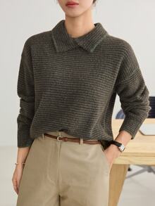 Dazy-Less Women's Long Sleeve Striped Drop Shoulder Sweater, Autumn/Winter - Dark Green - View 5