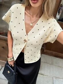 Serisse Cardigan Rajut Lengan Pendek Leher V Kancing Depan Motif Polkadot Blok Warna Kasual untuk Wanita, Atasan Kasual dan Elegan. Sweater Musim Gugur dan Musim Dingin untuk Wanita - Kuning - View 1