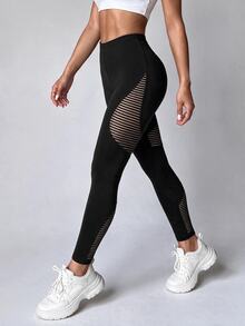 Slayform Slayform Women's Black Flocked Mesh Patchwork Sexy Sports Leggings - Black - View 1