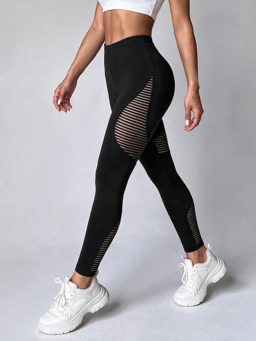 Slayform Slayform Women's Black Flocked Mesh Patchwork Sexy Sports Leggings - Black - View 1