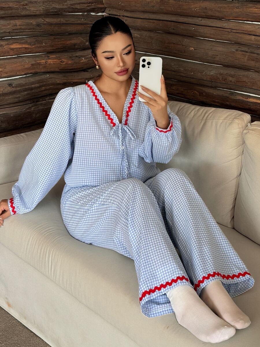 Dazy Plus Contrast Trim Cardigan Long Sleeve Top & Straight Leg Long Pajama Pants 2pcs Set Sleepwear Outfit - Baby Blue - View 1