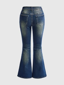 ROMWE Hippie 女款復古花卉刺繡超低腰水洗喇叭牛仔褲 - 深色水洗藍 - 查看 2