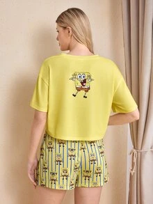 SpongeBob SquarePants | SHEIN 女款卡通印花短袖上衣與短褲休閒居家睡衣套裝 - 黃色 - 查看 2