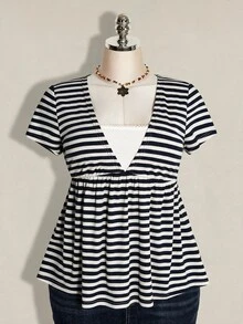 SHEIN ICON 女款大尺碼條紋兩件式休閒日常短袖T恤 - 藏蓝色 - 查看 10