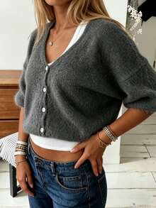 SHEIN Women's V-Neck Knit Cardigan Loose Short Single-Breasted Lightweight Outerwear Jacket French Gentle Style Autumn/Winter Versatile Casual Slimming Short Cardigan Top - Dark Grey - View 5